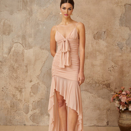 Serenity Pink Asymmetrical Hem V-Neck Midi Dress