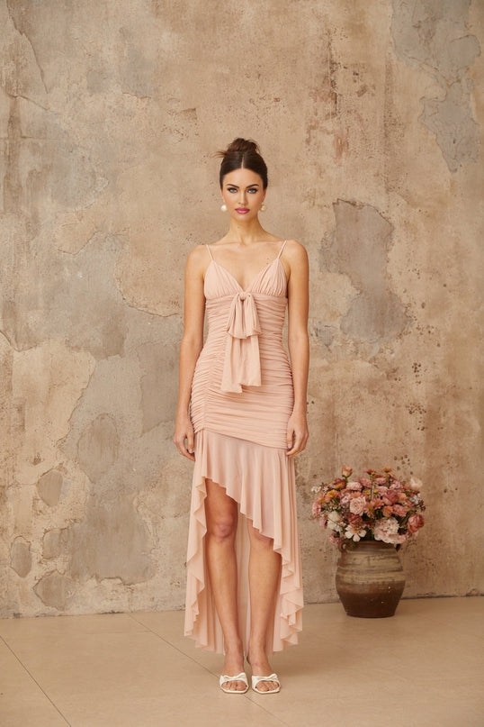 Serenity Pink Asymmetrical Hem V-Neck Midi Dress Ruched Shirred Panel Ribbon Design