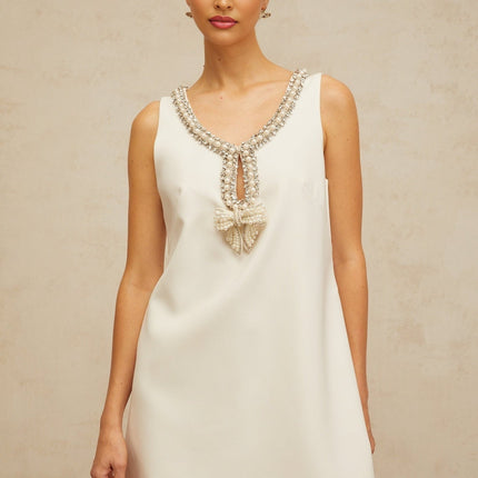 Serenity White A-line Mini Dress with Faux-Pearl Crystal Rhinestone Embellishments