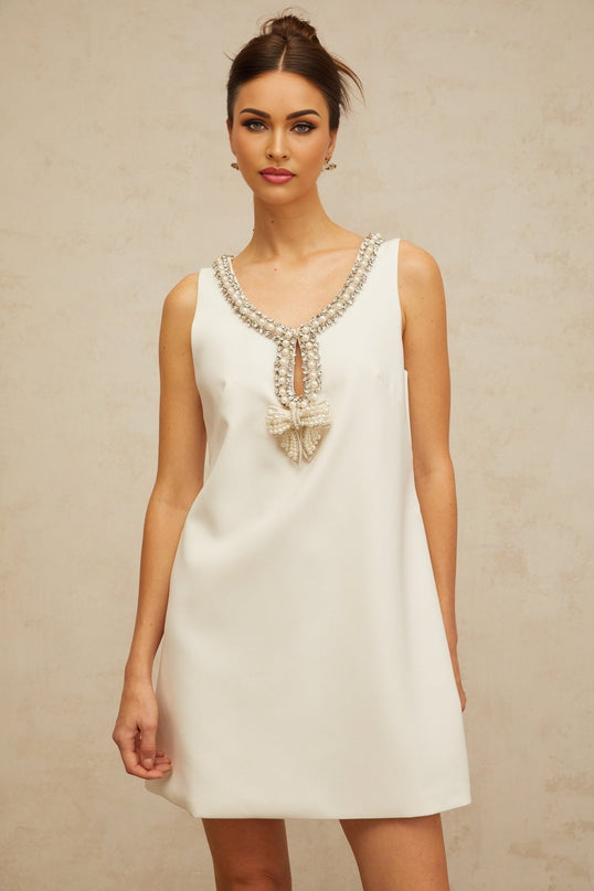 Serenity White A-line Mini Dress with Faux-Pearl Crystal Rhinestone Embellishments
