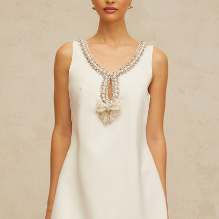 Serenity White Mini Dress A-line Faux-Pearl Crystal Rhinestone Embellishments Bow Cut-Out Rear Zip Terylene Spandex