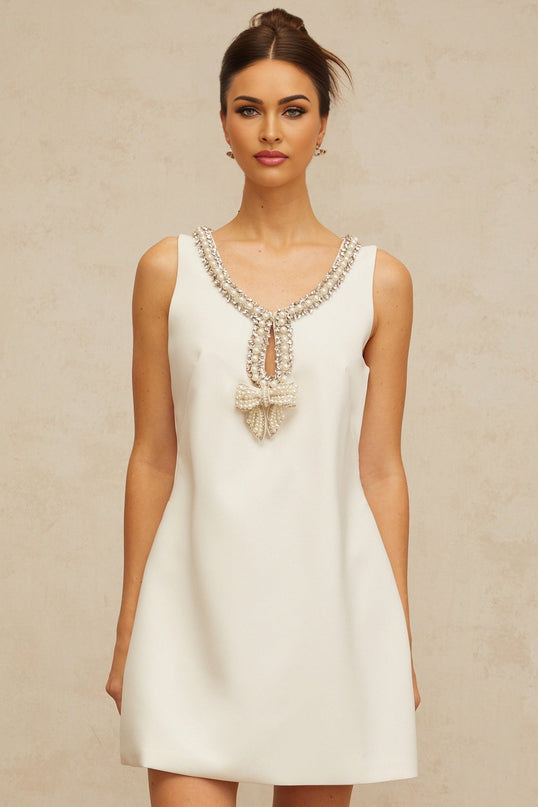 Serenity White Mini Dress A-line Faux-Pearl Crystal Rhinestone Embellishments Bow Cut-Out Rear Zip Terylene Spandex