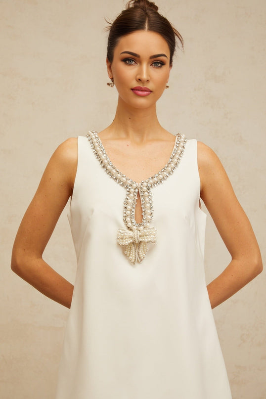 Serenity White Mini Dress with Faux-Pearl, Crystal, and Rhinestone Embellishments