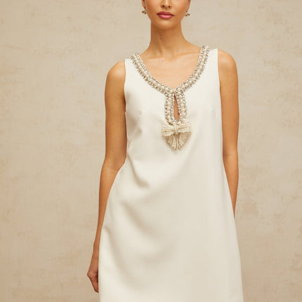 Serenity White Mini Dress A-line Faux-Pearl Crystal Rhinestone Bow Cut-Out Zip Fastening Thigh-Length Luxurious Blend Terylene Spandex Elegance