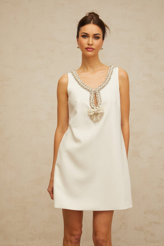 Serenity White Mini Dress A-line Faux-Pearl Crystal Rhinestone Bow Cut-Out Zip Fastening Thigh-Length Luxurious Blend Terylene Spandex Elegance