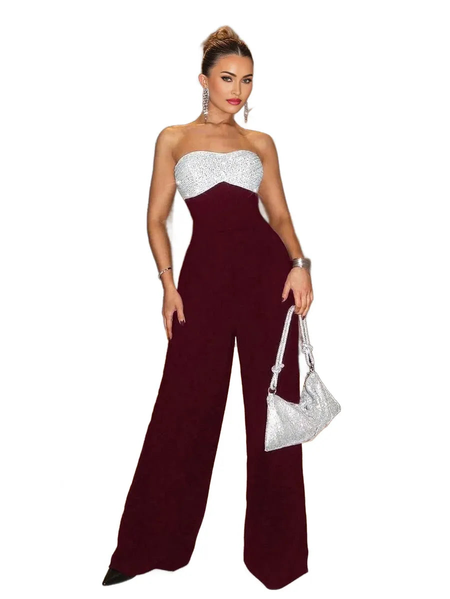 Sexy Party Elegant Sequin Patchwork Tube Wide Leg Jumpsuit Valentines Day