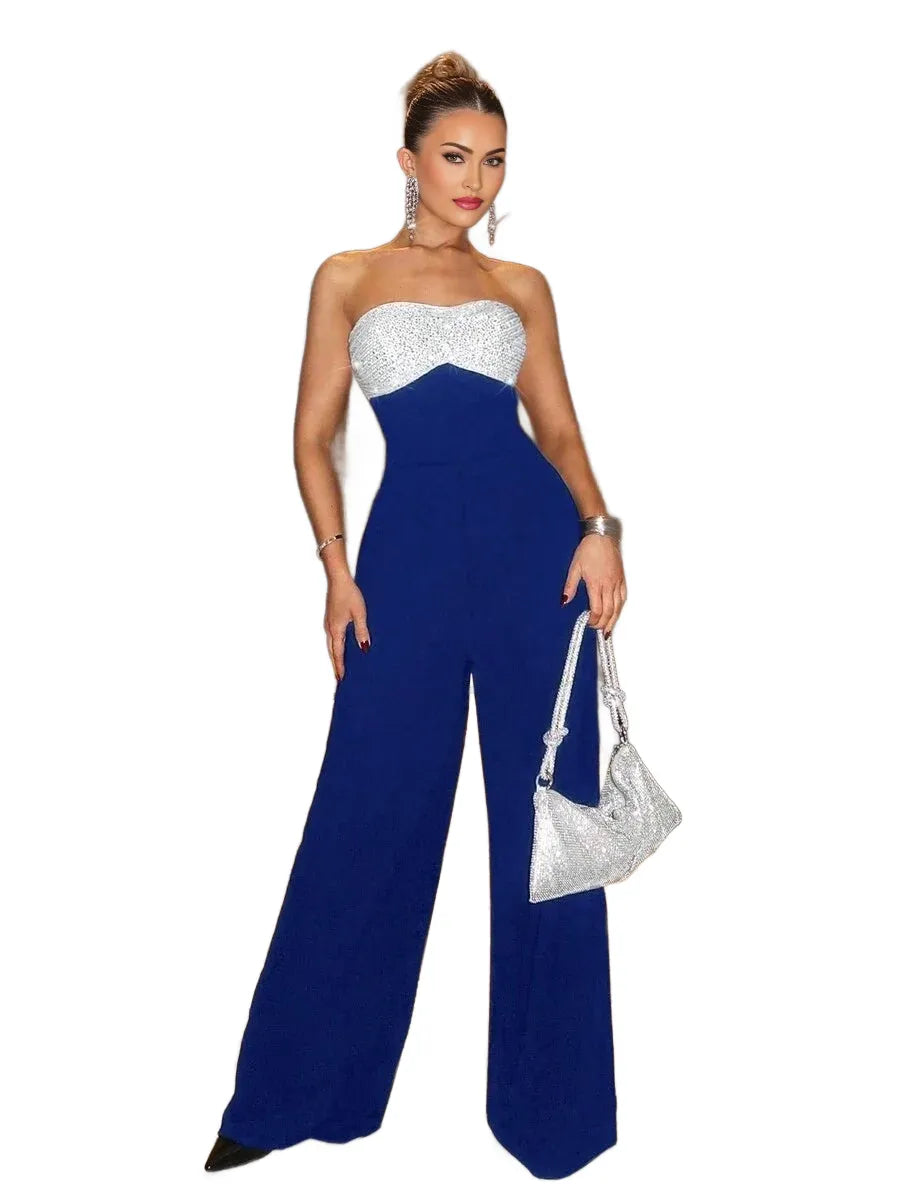 Sexy Party Elegant Sequin Patchwork Tube Wide Leg Jumpsuit Valentines Day