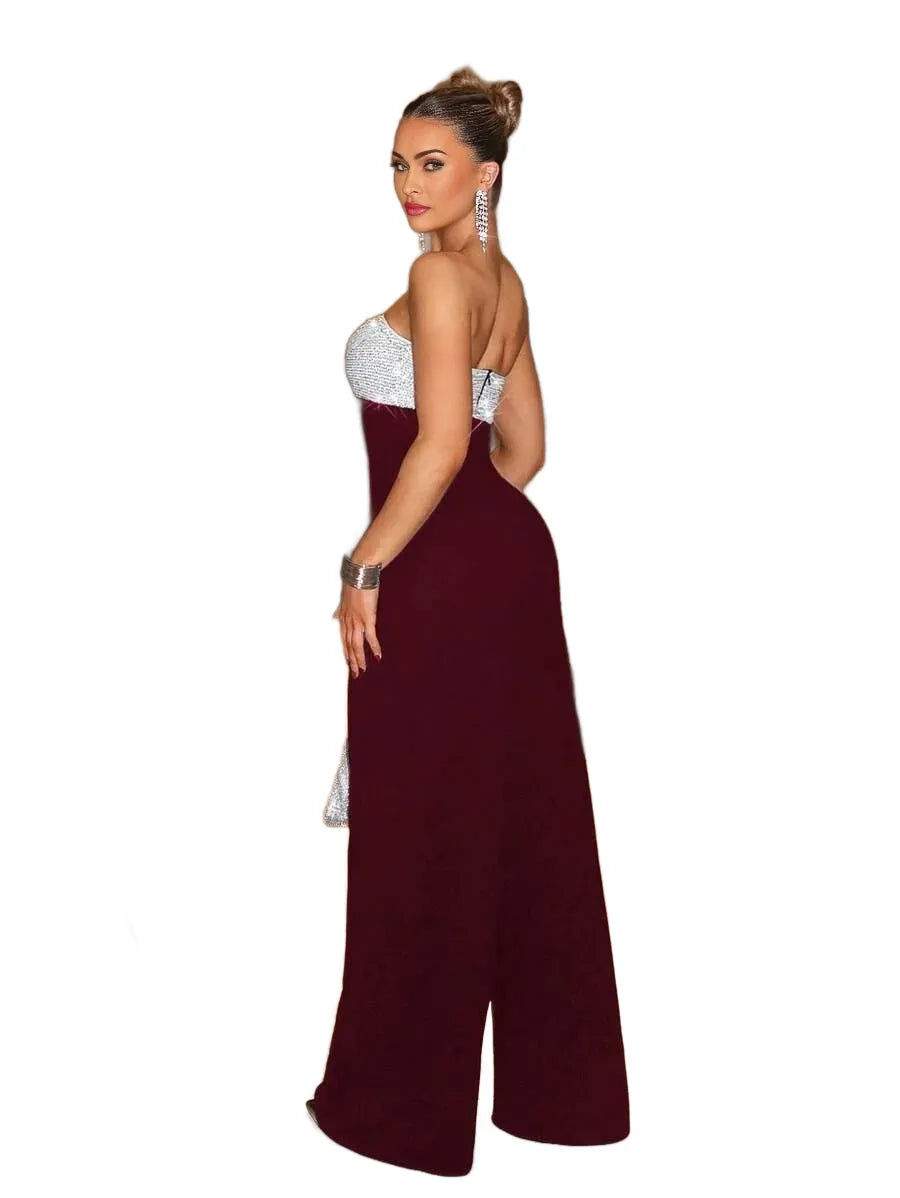 Sexy Party Elegant Sequin Patchwork Tube Wide Leg Jumpsuit Valentines Day