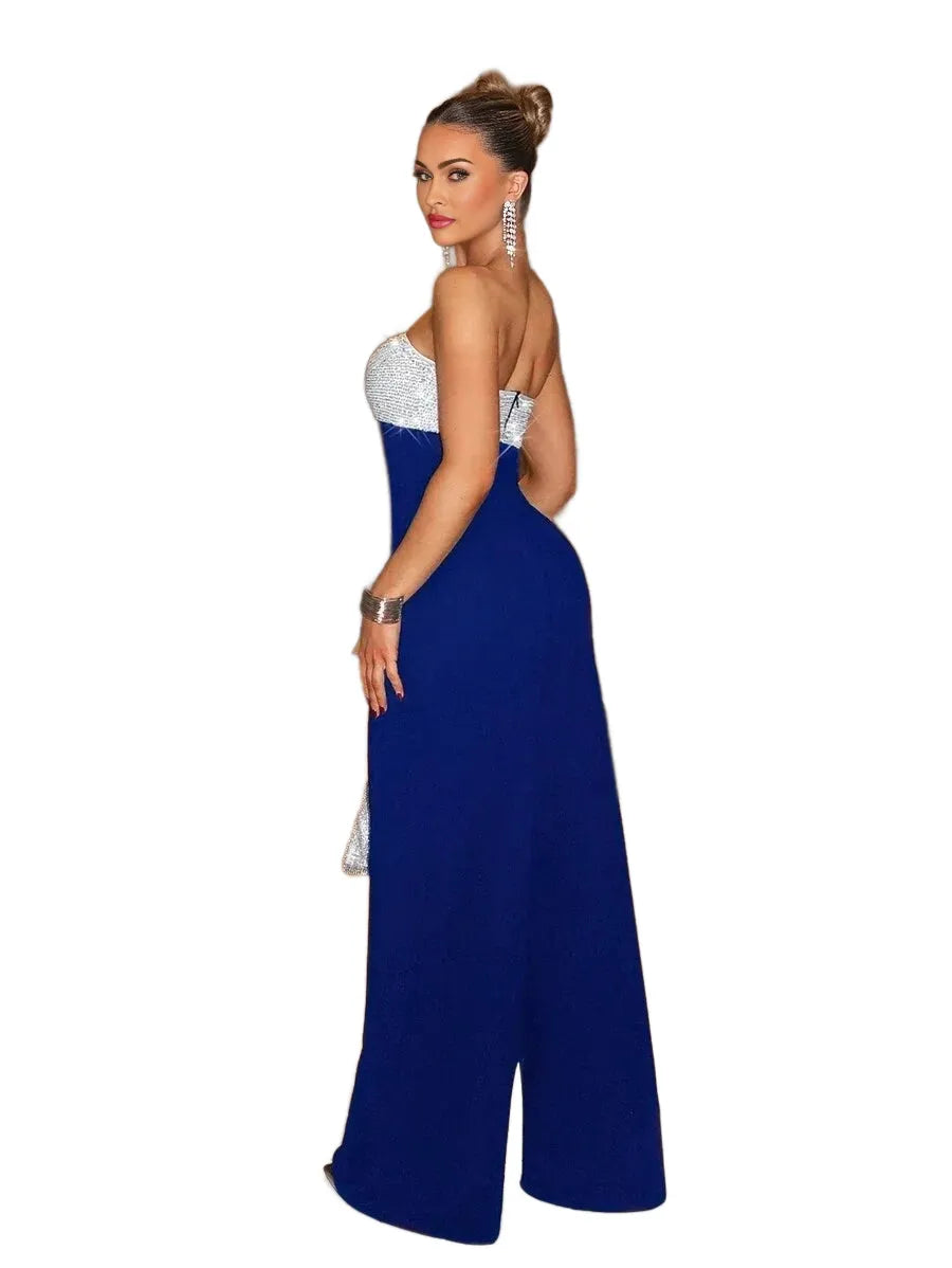 Sexy Party Elegant Sequin Patchwork Tube Wide Leg Jumpsuit Valentines Day