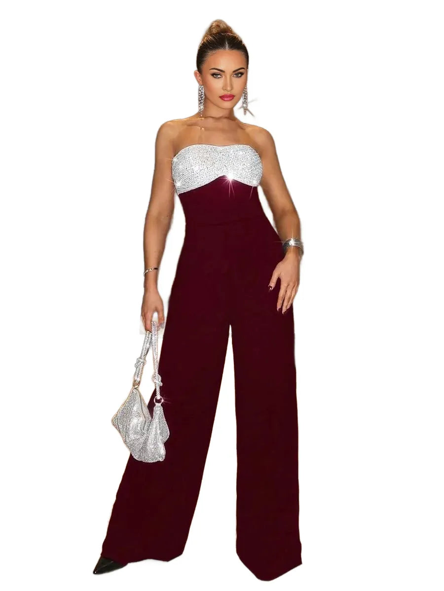 Sexy Party Elegant Sequin Patchwork Tube Wide Leg Jumpsuit Valentines Day