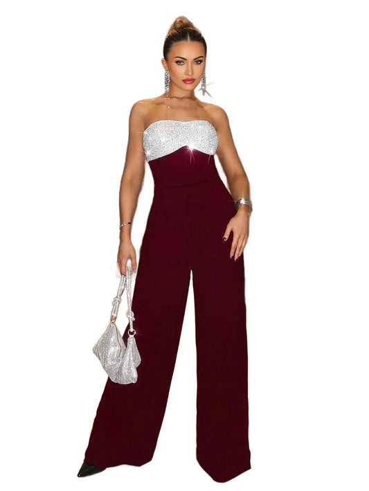 Sexy Party Elegant Sequin Patchwork Tube Wide Leg Jumpsuit Valentines Day