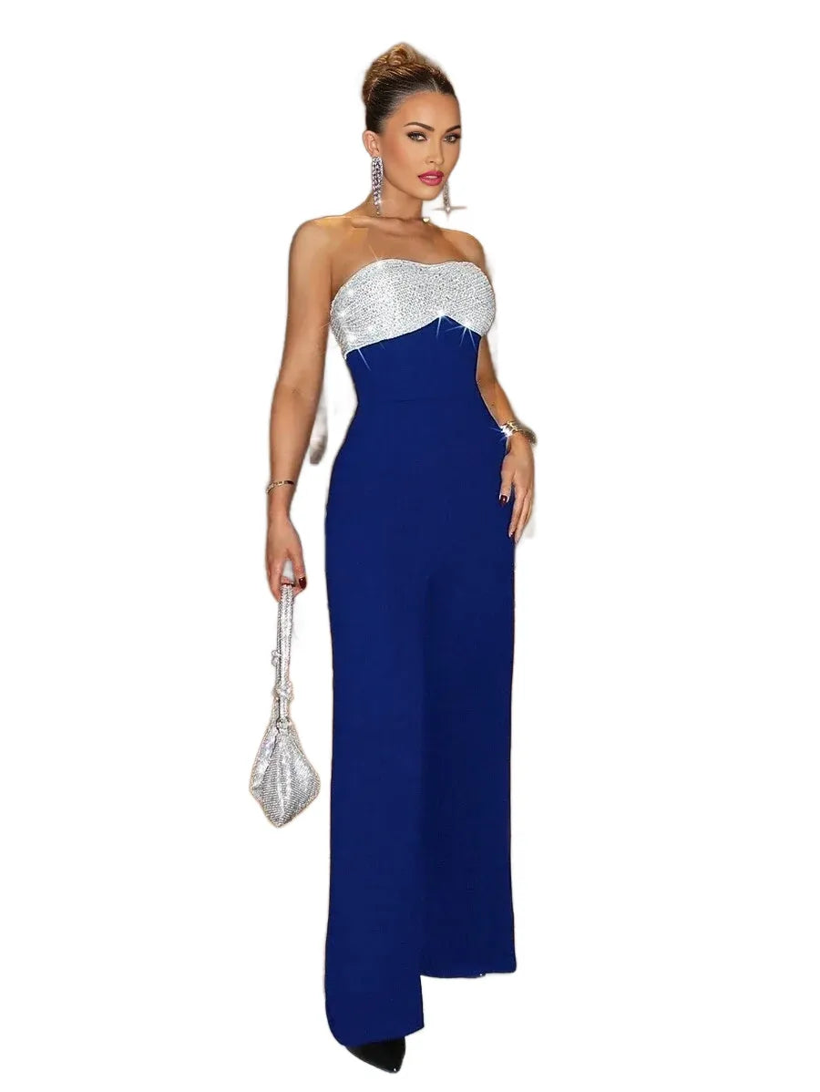 Sexy Party Elegant Sequin Patchwork Tube Wide Leg Jumpsuit Valentines Day