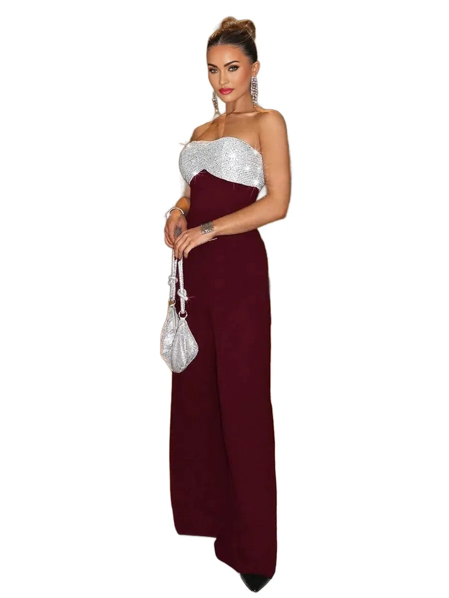 Sexy Party Elegant Sequin Patchwork Tube Wide Leg Jumpsuit Valentines Day