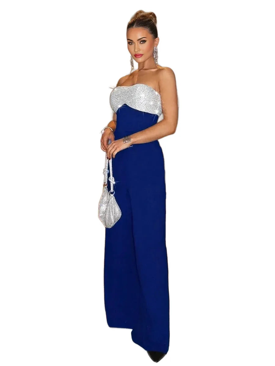 Sexy Party Elegant Sequin Patchwork Tube Wide Leg Jumpsuit Valentines Day