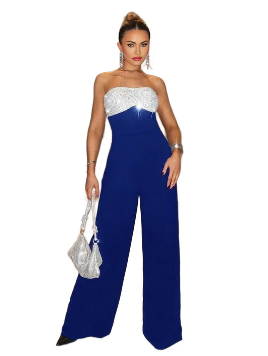 Sexy Party Elegant Sequin Patchwork Tube Wide Leg Jumpsuit Valentines Day