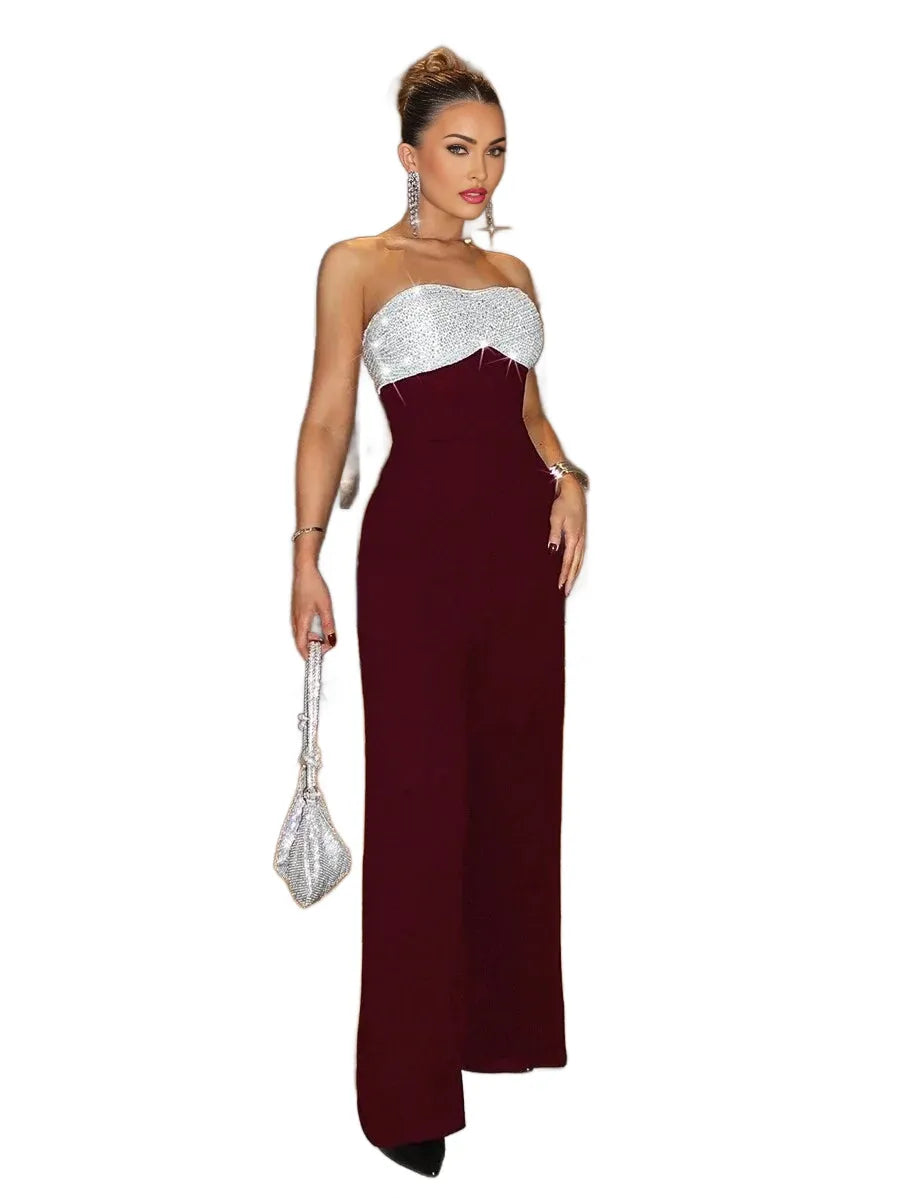 Sexy Party Elegant Sequin Patchwork Tube Wide Leg Jumpsuit Valentines Day