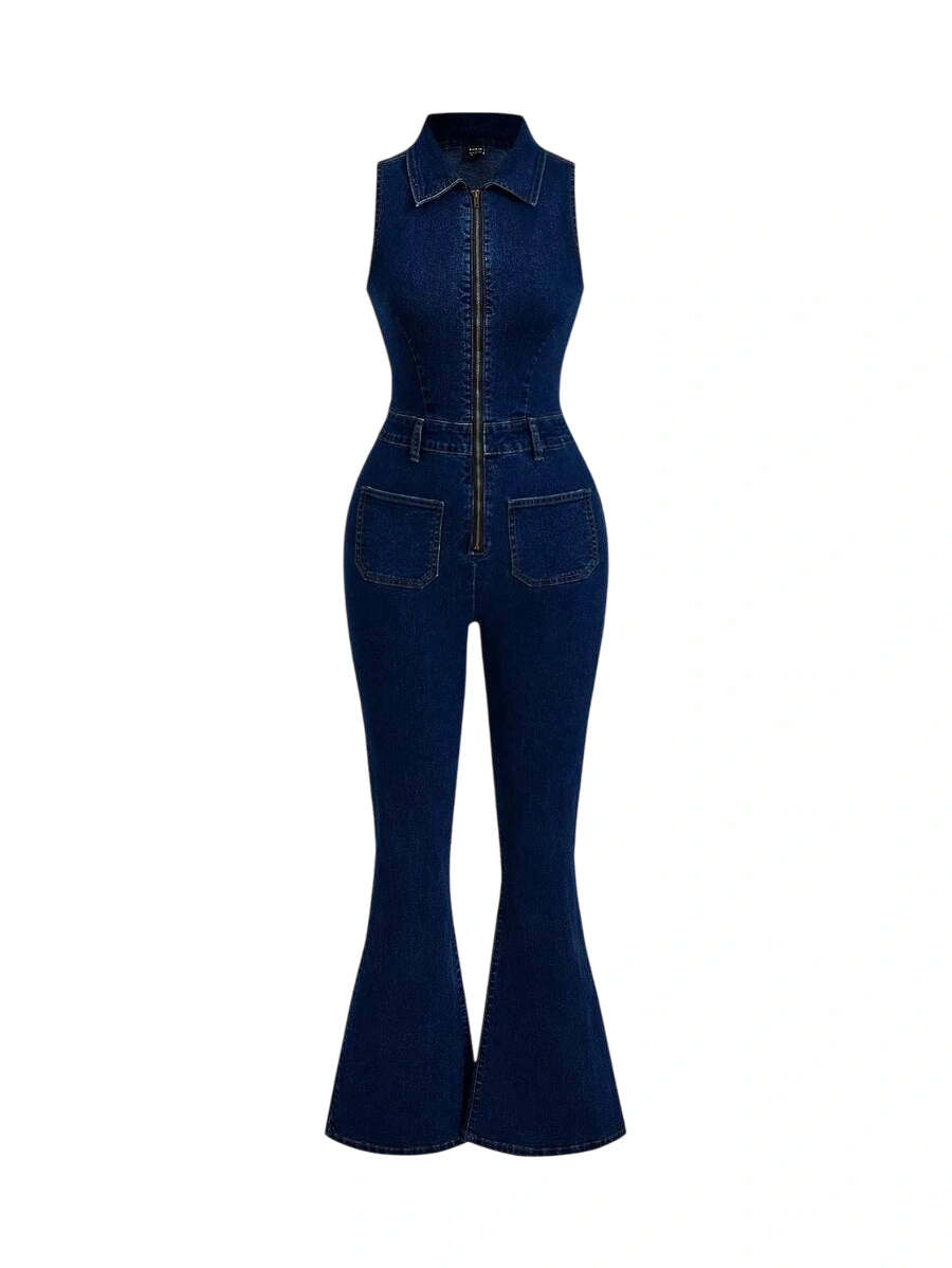Sexy Stretchy Womens Denim Sleeveless Jumpsuit Blue