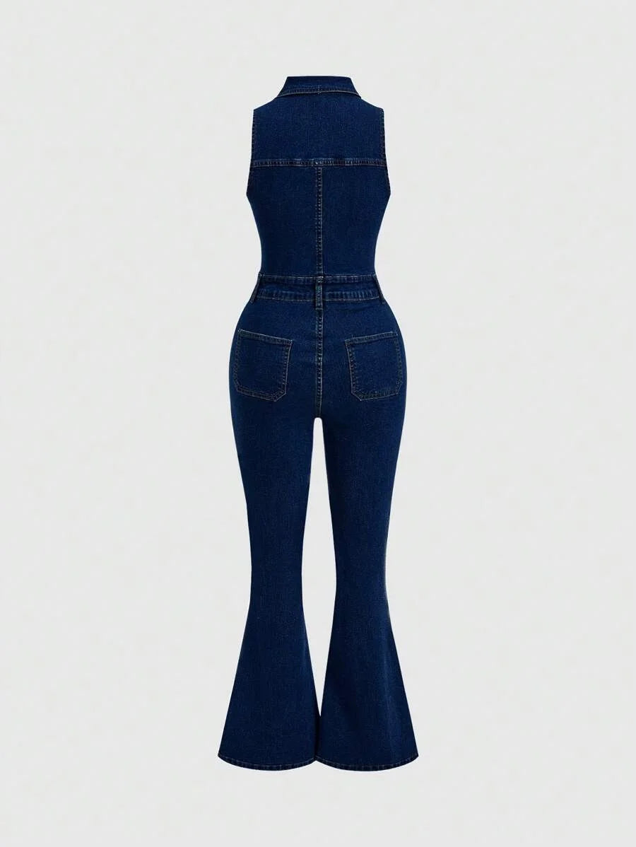 Sexy Stretchy Womens Denim Sleeveless Jumpsuit Blue