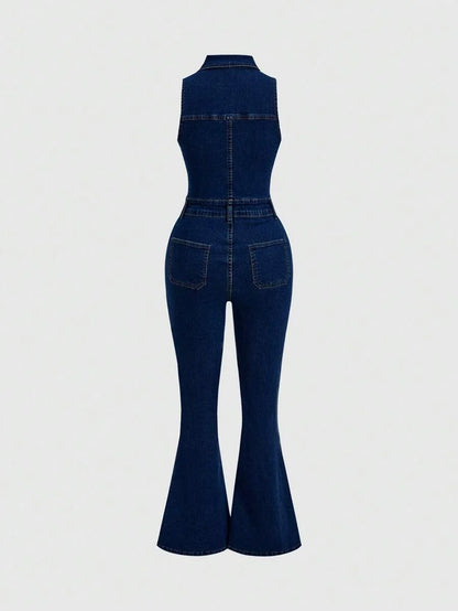 Sexy Stretchy Womens Denim Sleeveless Jumpsuit Blue