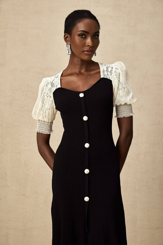Shayla Black and White Lace Trim Midi Dress with Faux-Pearl Embellishments