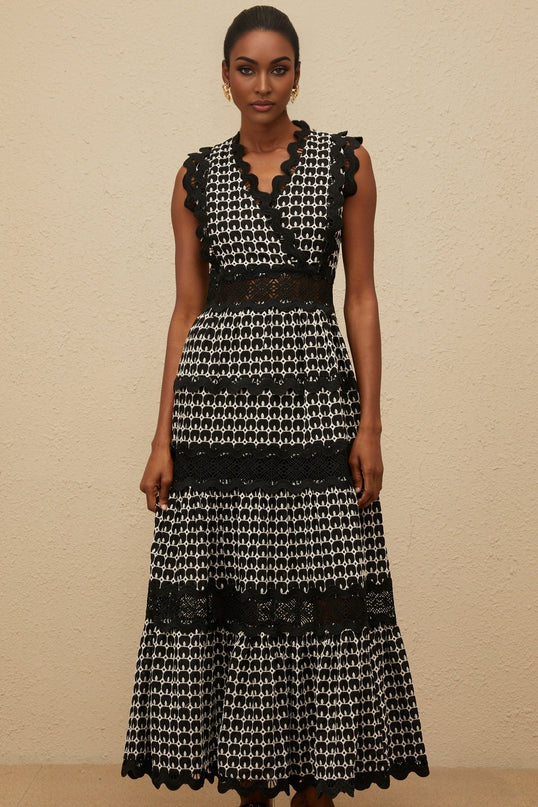 Shayla Black Lace Panel Maxi Dress V-Neck Fitted Waistline Scalloped Trims Layered Silhouette Rear Zip Fastening 100% Cotton Special Occasions Elegant Fashion