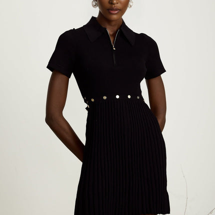 Shayla Black Mini Dress with Polo Collar and Ribbed Detailing