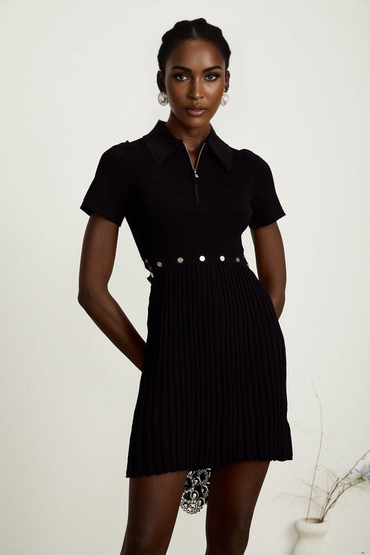 Shayla Black Mini Dress with Polo Collar and Ribbed Detailing