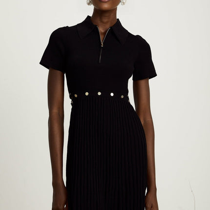 Shayla Black Mini Dress Polo Collar Ribbed Detailing Zip Fastening Pleated Skirt Thigh Length