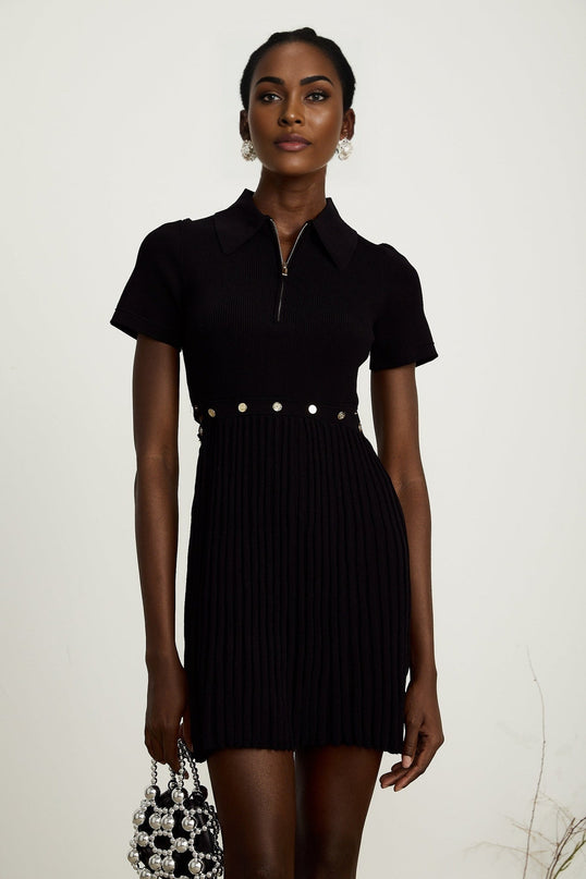 Shayla Black Mini Dress Polo Collar Ribbed Detailing Zip Fastening Pleated Skirt Thigh Length