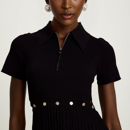 Shayla Black Mini Dress Polo Collar Ribbed Detailing Zip Fastening Pleated Skirt