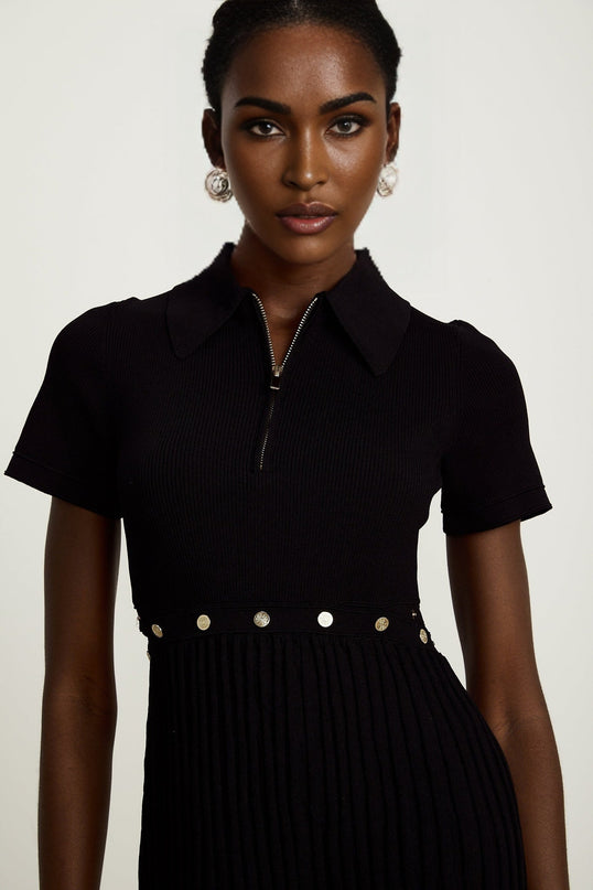 Shayla Black Mini Dress Polo Collar Ribbed Detailing Zip Fastening Pleated Skirt