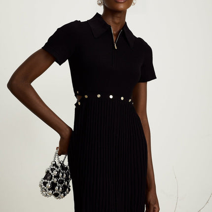 Shayla Black Polo Collar Mini Dress with Ribbed Detailing and Detachable Pleated Skirt