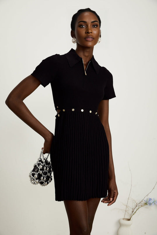 Shayla Black Polo Collar Mini Dress with Ribbed Detailing and Detachable Pleated Skirt