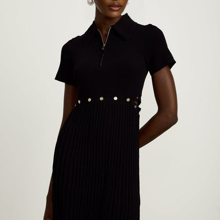 Shayla Black Ribbed Mini Dress Polo Collar Short Sleeves Half Zip Detachable Skirt