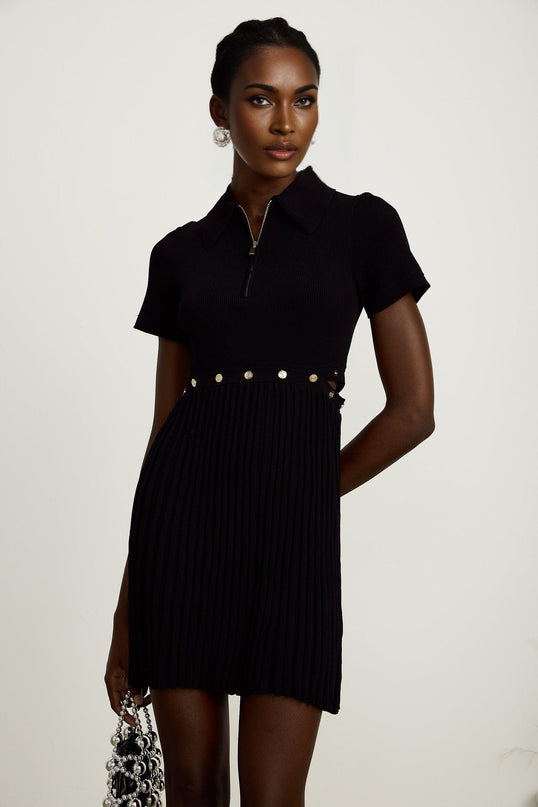 Shayla Black Ribbed Mini Dress Polo Collar Short Sleeves Half Zip Detachable Skirt