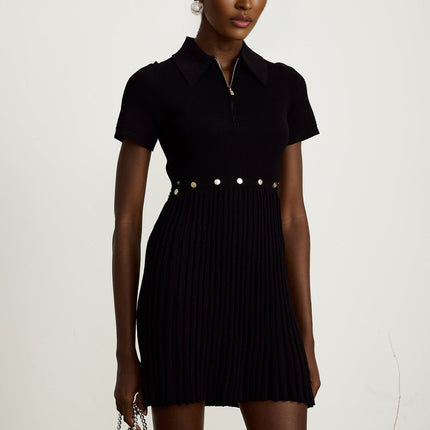 Shayla Black Ribbed Polo Collar Mini Dress with Detachable Pleated Skirt
