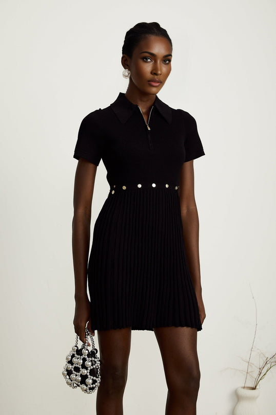 Shayla Black Ribbed Polo Collar Mini Dress with Detachable Pleated Skirt