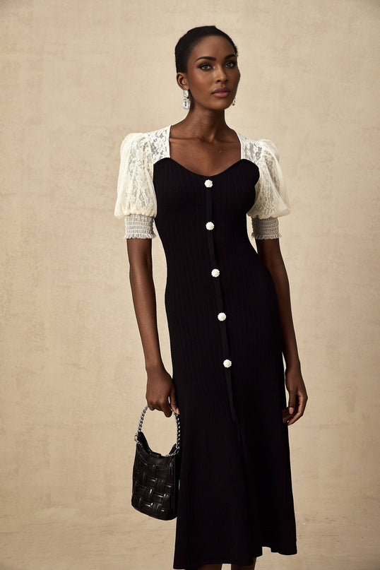 Shayla Black and White Knitted Midi Dress with Lace Trim and Faux-Pearl Embellishments