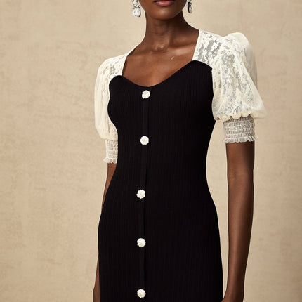 Shayla Black and White Midi Dress with Lace Trim and Faux-Pearl Embellishments