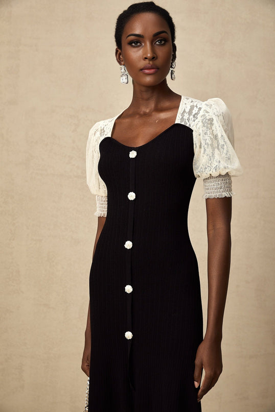 Shayla Black and White Midi Dress with Lace Trim and Faux-Pearl Embellishments
