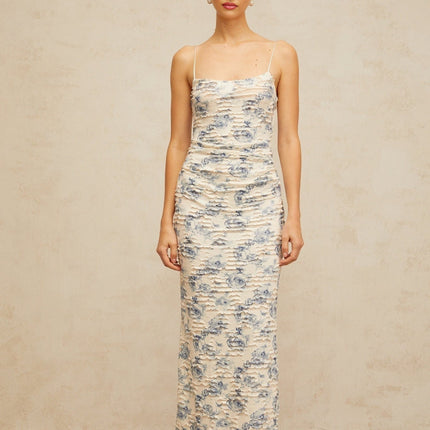 Shayla Blue Floral Maxi Dress Spaghetti Strap Square Neck Textured