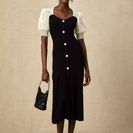 Shayla Black and White Lace Trim Midi Dress with Faux-Pearl Embellishments