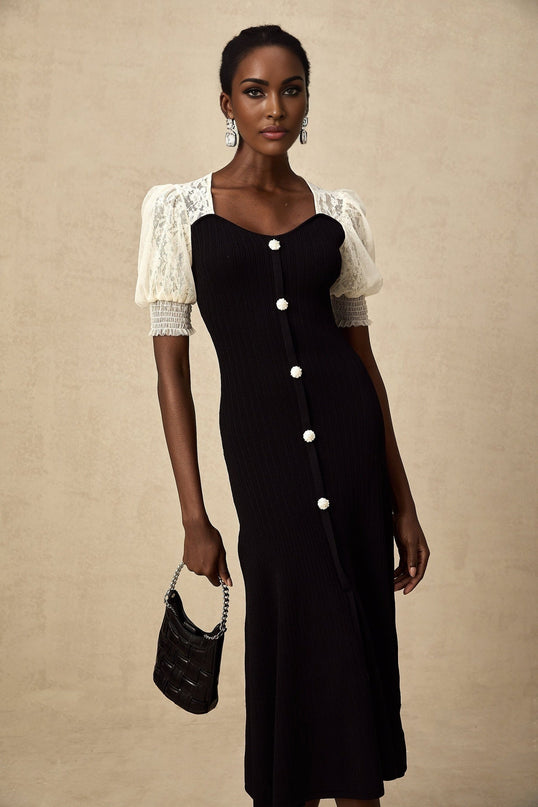 Shayla Black and White Knitted Midi Dress with Lace Trim and Faux-Pearl Embellishments