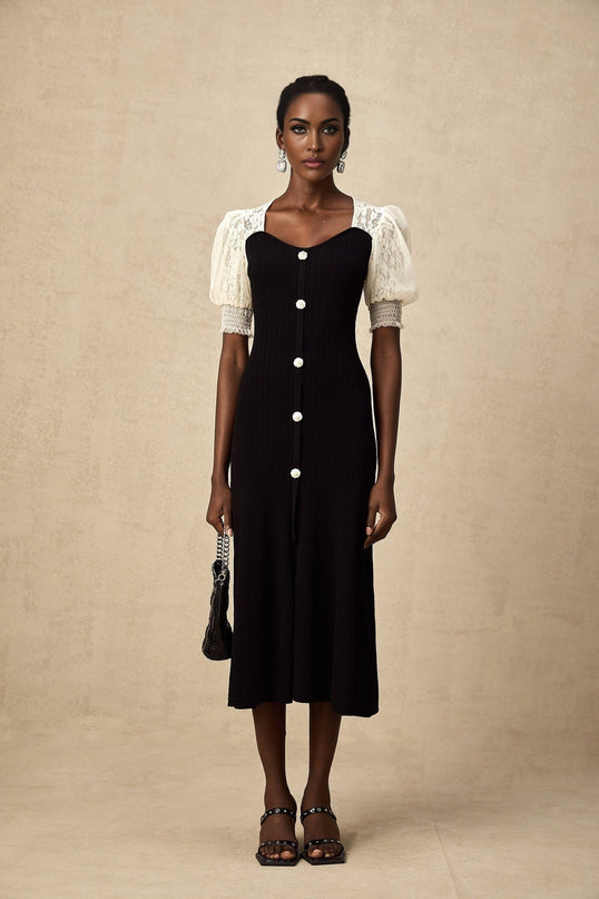 Shayla Black and White Lace Trim Midi Dress with Faux-Pearl Embellishments