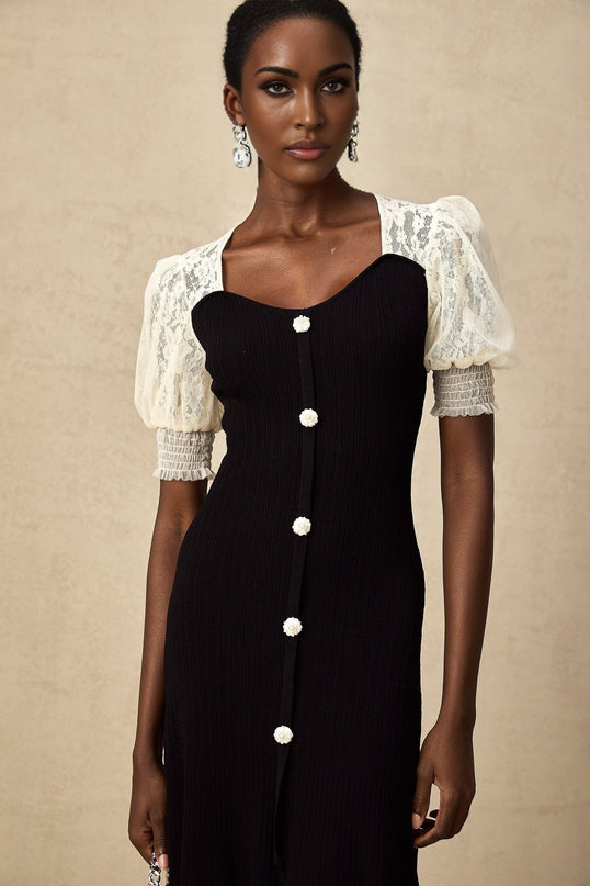 Shayla Black and White Lace Trim Midi Dress with Faux-Pearl Embellishments