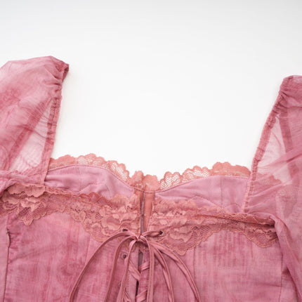 Shayla Pink Lace Detail Bustier Dress with Graphic Print and Long Sleeves
