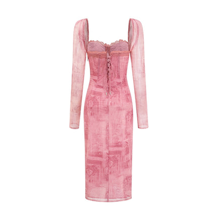 Shayla Pink Lace Edge Bustier Dress with Graphic Print and Long Sleeves in Polyester Fabric