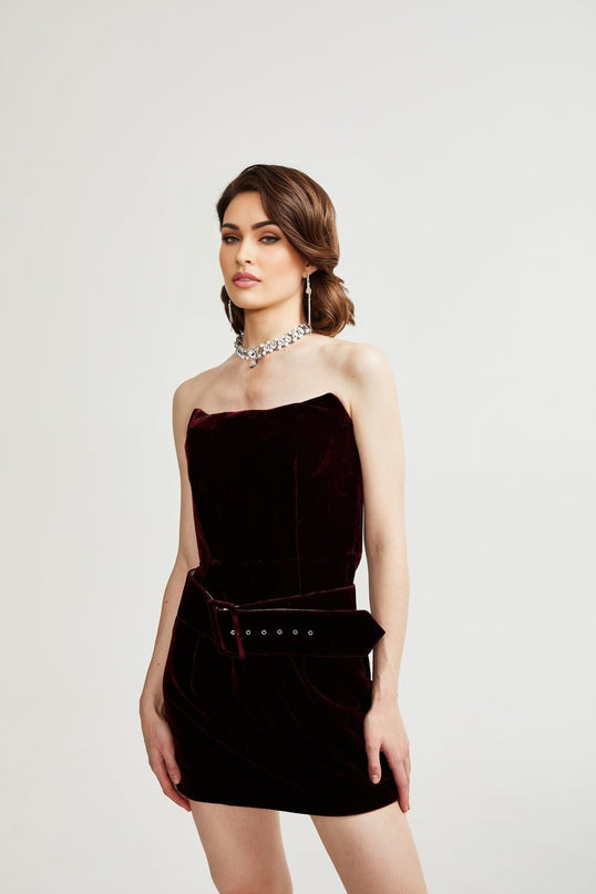 Shayla Purple Velvet Off-the-Shoulder Dress 100% Polyester Thigh-Length Belted Waist
