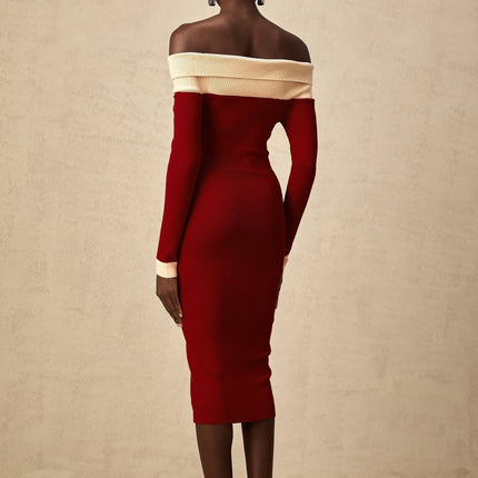 Shayla Red Knit Off Shoulder Midi Dress with Button Detailing