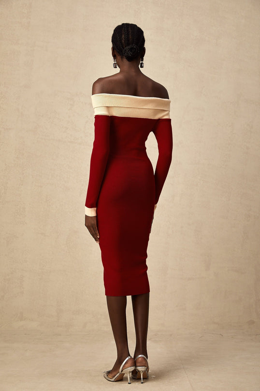 Shayla Red Knit Off Shoulder Midi Dress with Button Detailing